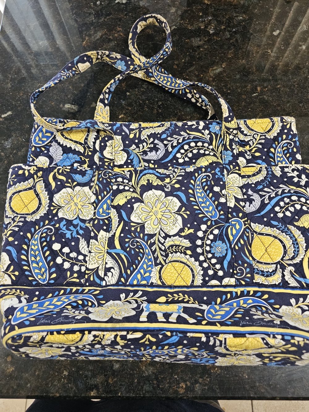Vera Bradley Navy Quilted Tote with Yellow & Blue Floral Print